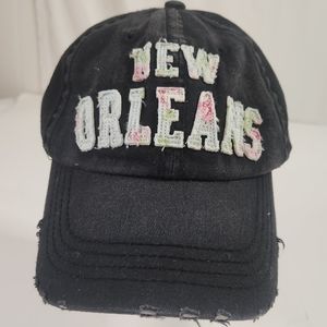 New Orleans Distresses Hat ballcap by Sun Hats.  Black with Floral Letters Adjus